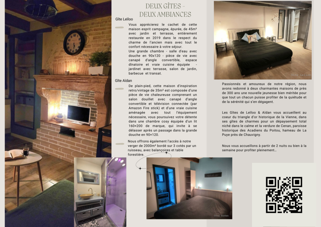 Brochure Les Gîtes de Leïloo et Aïdan descriptions des gîtes